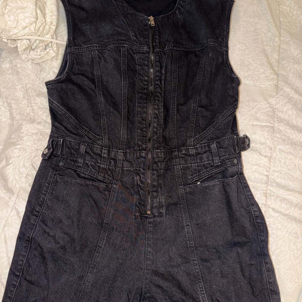 Black Denim Sleeveless Jumpsuit with Front Zip